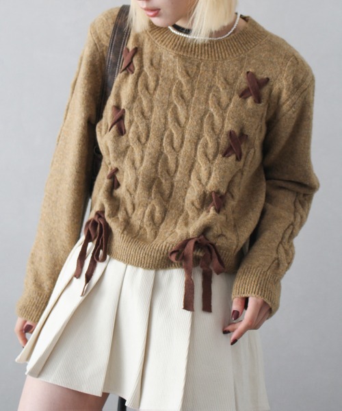 SpRay(スプレイ)の「ケーブルリボンニット(ニット/セーター・レディース・レッド/グレー/ホワイト/ベージュ・FREE)」の11枚目の写真