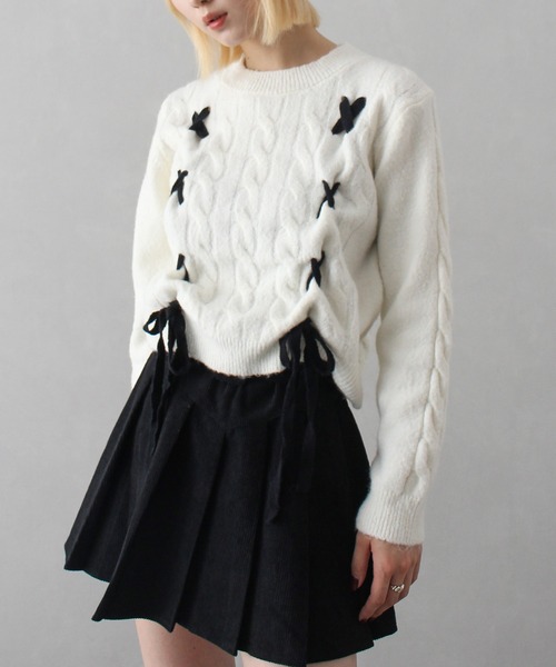 SpRay(スプレイ)の「ケーブルリボンニット(ニット/セーター・レディース・レッド/グレー/ホワイト/ベージュ・FREE)」の6枚目の写真