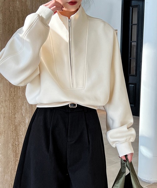 SUWDEE(スーディー)の「half zip sweat pullover(スウェット・レディース・アイボリー/グレイッシュベージュ/グレー・FREE)」の2枚目の写真