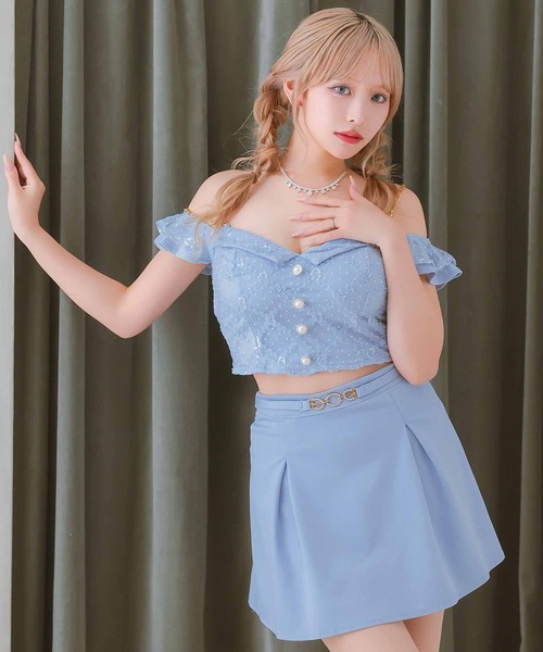 [CLOSED] キャバドレス セットアップ ミニ フレア 肩出し チェーンショルダー チュール ウエストベルト ボックスプリーツドレス