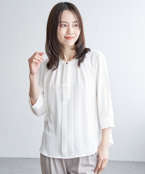 3WAYニットシャツ ホワイト ボウタイ付き IKKA LOUNGE ブラウス シャツ 3WAYボウタイ付きブラウス レディース