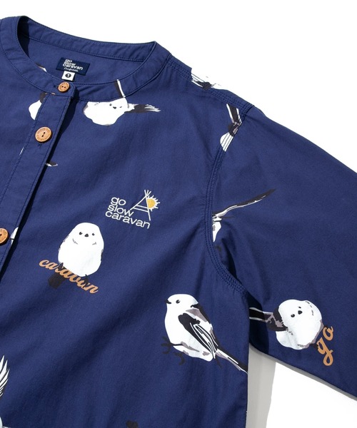 ゴースローキャラバン go slow caravan シマエナガ ノーカラー シャツワンピース 柄シャツ レディース カジュアル 長袖 ボタンシャツ ワンピース 340223 シマエナガ ノーカラーシャツワンピース go slow caravan