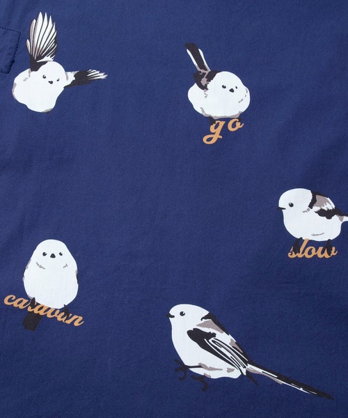 ゴースローキャラバン go slow caravan シマエナガ ノーカラー シャツワンピース 柄シャツ レディース カジュアル 長袖 ボタンシャツ ワンピース 340223 セール】シマエナガ ノーカラーシャツワンピース W（シャツ