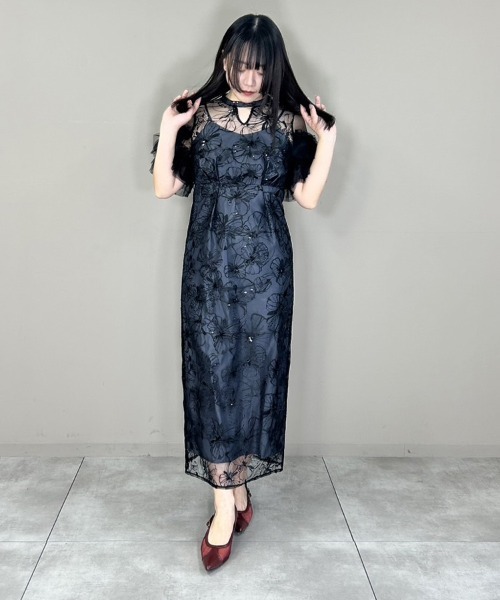 セール】【ANDRESD】key neck embroidery dress 結婚式 ワンピース