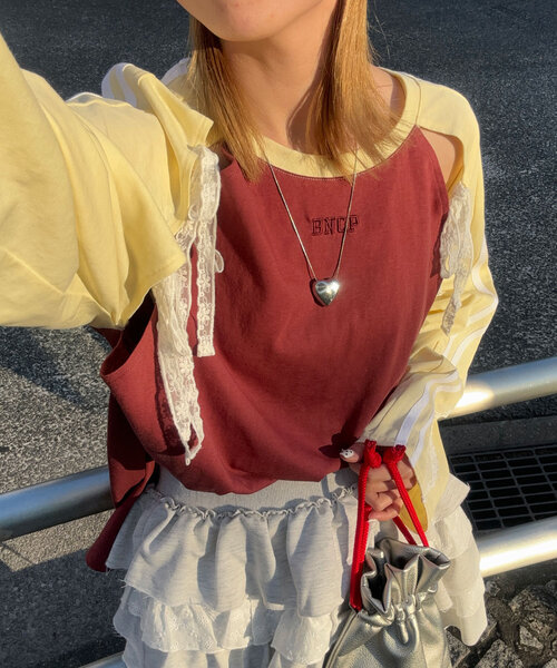 CIAOPANIC（チャオパニック）の「スリットリボンレースラインラグラントップス（Tシャツ/カットソー・レディース・グリーン/ボルドー/ブラック/ネイビー・ONE SIZE）」の4枚目の写真