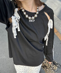 スリットリボンレースラインラグラントップス