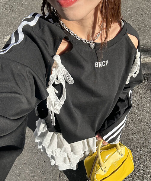 CIAOPANIC（チャオパニック）の「スリットリボンレースラインラグラントップス（Tシャツ/カットソー・レディース・グリーン/ボルドー/ブラック/ネイビー・ONE SIZE）」の6枚目の写真