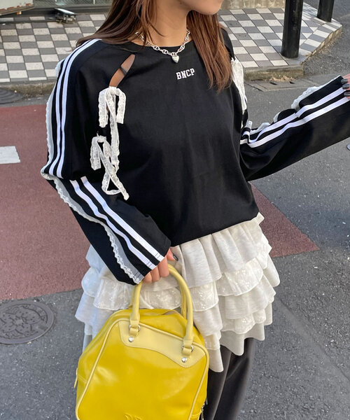 CIAOPANIC（チャオパニック）の「スリットリボンレースラインラグラントップス（Tシャツ/カットソー・レディース・グリーン/ボルドー/ブラック/ネイビー・ONE SIZE）」の7枚目の写真