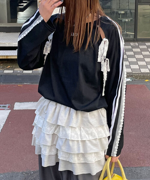 CIAOPANIC（チャオパニック）の「スリットリボンレースラインラグラントップス（Tシャツ/カットソー・レディース・グリーン/ボルドー/ブラック/ネイビー・ONE SIZE）」の8枚目の写真