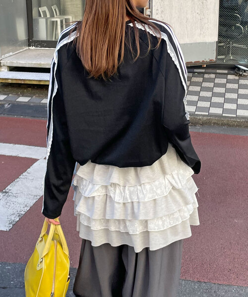 CIAOPANIC（チャオパニック）の「スリットリボンレースラインラグラントップス（Tシャツ/カットソー・レディース・グリーン/ボルドー/ブラック/ネイビー・ONE SIZE）」の10枚目の写真