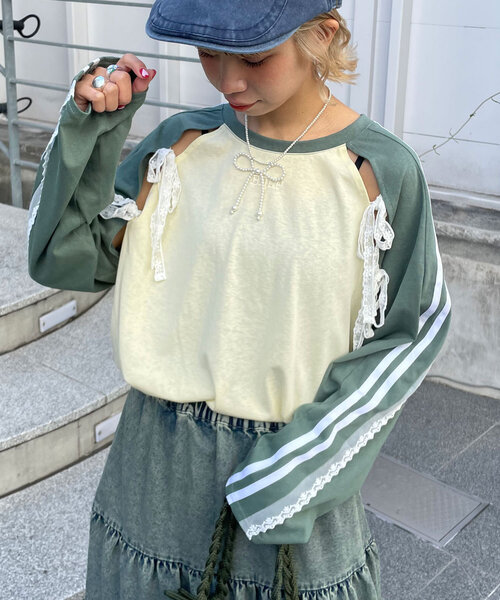 CIAOPANIC（チャオパニック）の「スリットリボンレースラインラグラントップス（Tシャツ/カットソー・レディース・グリーン/ボルドー/ブラック/ネイビー・ONE SIZE）」の16枚目の写真