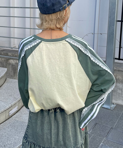 CIAOPANIC（チャオパニック）の「スリットリボンレースラインラグラントップス（Tシャツ/カットソー・レディース・グリーン/ボルドー/ブラック/ネイビー・ONE SIZE）」の19枚目の写真