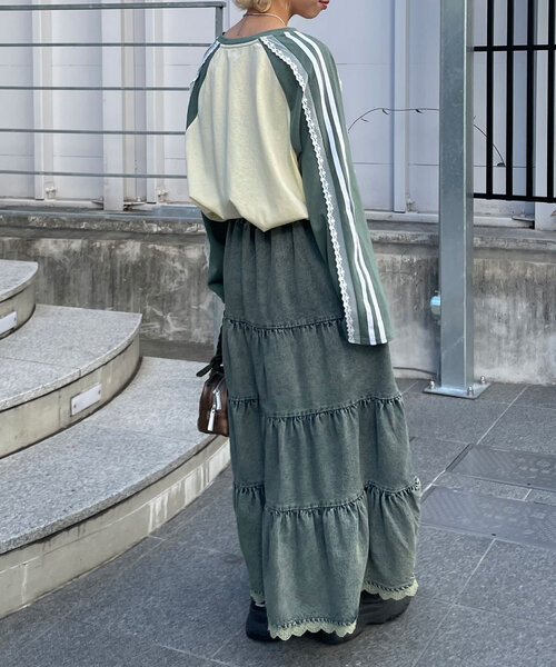 CIAOPANIC（チャオパニック）の「スリットリボンレースラインラグラントップス（Tシャツ/カットソー・レディース・グリーン/ボルドー/ブラック/ネイビー・ONE SIZE）」の22枚目の写真