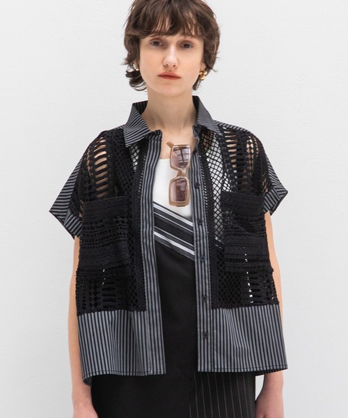 AULA AILA（アウラアイラ）の「レースストライプコンビネーションシャツ（シャツ/ブラウス・レディース・ネイビー/ホワイト/ブラック・0）」の3枚目の写真