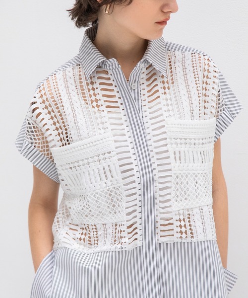AULA AILA（アウラアイラ）の「レースストライプコンビネーションシャツ（シャツ/ブラウス・レディース・ネイビー/ホワイト/ブラック・0）」の7枚目の写真