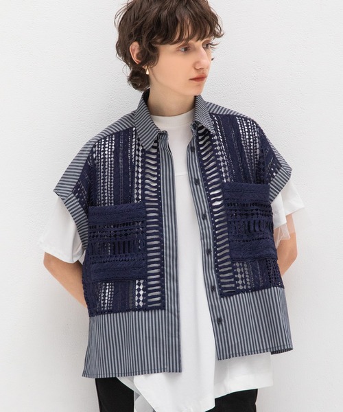 AULA AILA（アウラアイラ）の「レースストライプコンビネーションシャツ（シャツ/ブラウス・レディース・ネイビー/ホワイト/ブラック・0）」の19枚目の写真