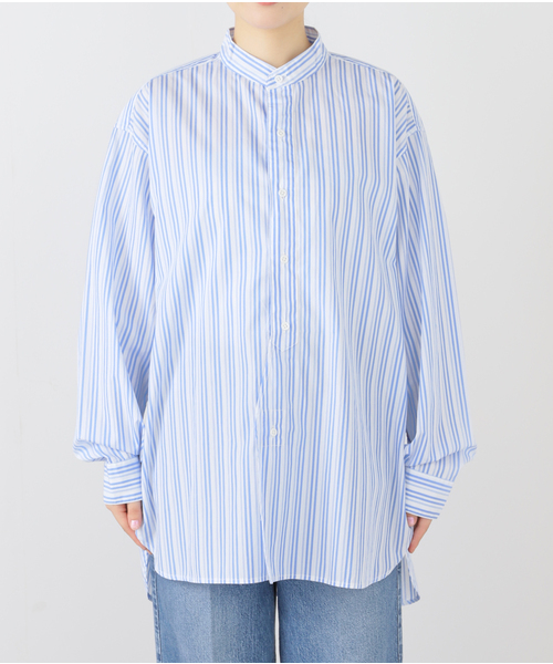 ブラウス シャツ 「 NAVY/ロイヤルネイビー」  BANDCOLLAR SHIRTS STRAIPE：シャツ レディース セール】【ROYAL NAVY/ロイヤルネイビー】 BANDCOLLAR SHIRTS