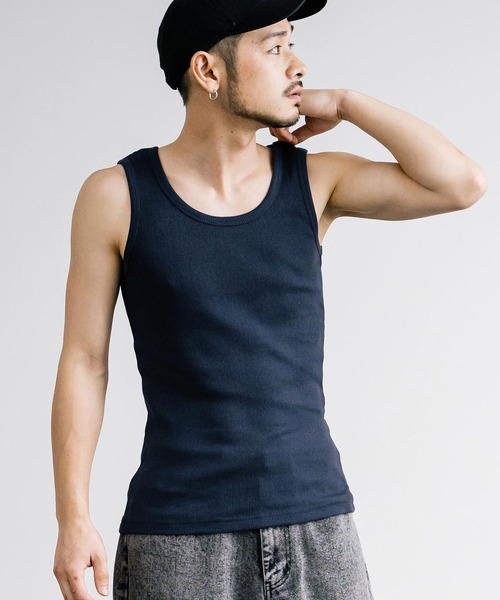 Rocky Monroe(ロッキーモンロー)の「Uネックテレコ素材リブタンクトップ(タンクトップ・メンズ・ブラック/杢グレー/チャコールグレー/ホワイト/ネイビー/カーキ・L/M/LL)」の6枚目の写真