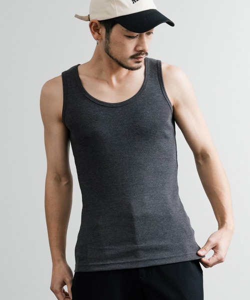 Rocky Monroe(ロッキーモンロー)の「Uネックテレコ素材リブタンクトップ(タンクトップ・メンズ・ブラック/杢グレー/チャコールグレー/ホワイト/ネイビー/カーキ・L/M/LL)」の3枚目の写真