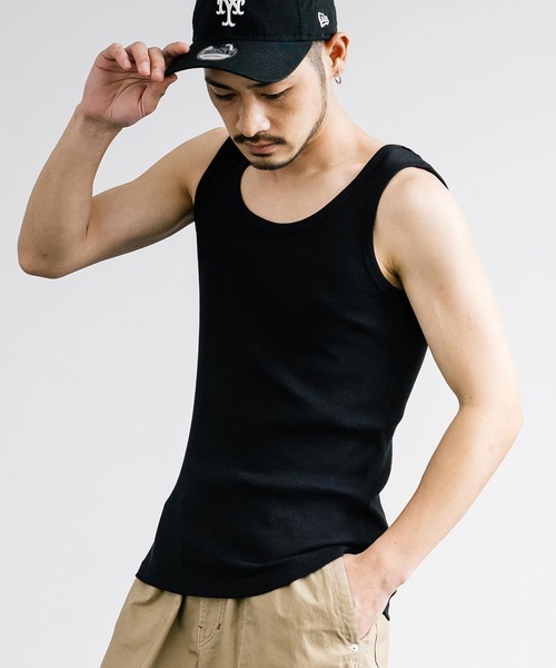 Rocky Monroe(ロッキーモンロー)の「Uネックテレコ素材リブタンクトップ(タンクトップ・メンズ・ブラック/杢グレー/チャコールグレー/ホワイト/ネイビー/カーキ・L/M/LL)」の1枚目の写真