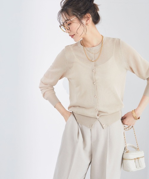 CROSS FUNCTION（クロスファンクション）の「《洗える》サマナチュラクルーネックシアーニットカーディガン【CF/クロスファンクション】（カーディガン/ボレロ・レディース・オフホワイト/ミント/ベージュ/ブラック・L/M/LL）」の3枚目の写真