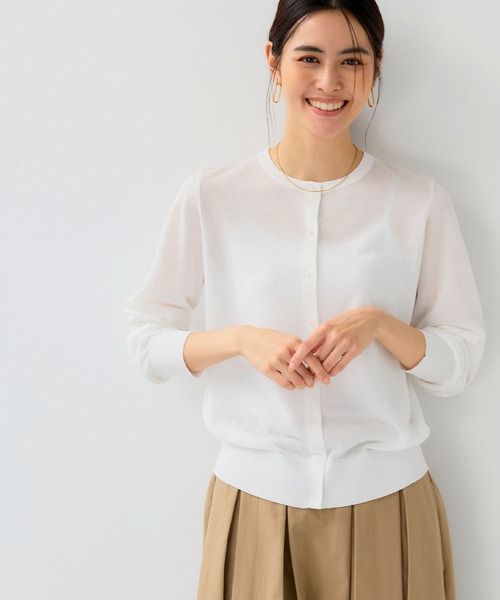 CROSS FUNCTION（クロスファンクション）の「《洗える》サマナチュラクルーネックシアーニットカーディガン【CF/クロスファンクション】（カーディガン/ボレロ・レディース・オフホワイト/ミント/ベージュ/ブラック・L/M/LL）」の2枚目の写真