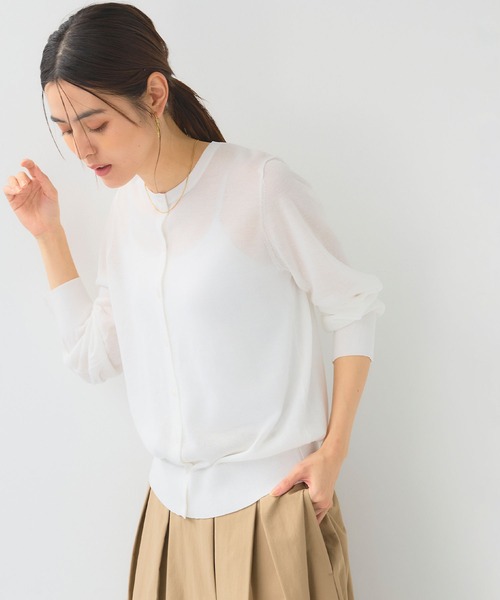 CROSS FUNCTION（クロスファンクション）の「《洗える》サマナチュラクルーネックシアーニットカーディガン【CF/クロスファンクション】（カーディガン/ボレロ・レディース・オフホワイト/ミント/ベージュ/ブラック・L/M/LL）」の6枚目の写真