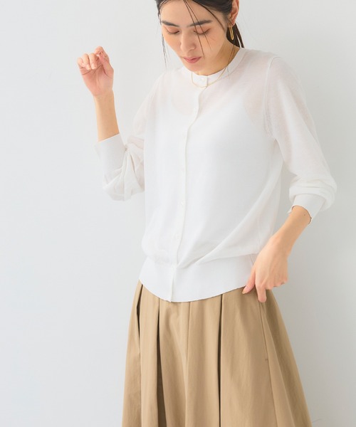 CROSS FUNCTION（クロスファンクション）の「《洗える》サマナチュラクルーネックシアーニットカーディガン【CF/クロスファンクション】（カーディガン/ボレロ・レディース・オフホワイト/ミント/ベージュ/ブラック・L/M/LL）」の7枚目の写真