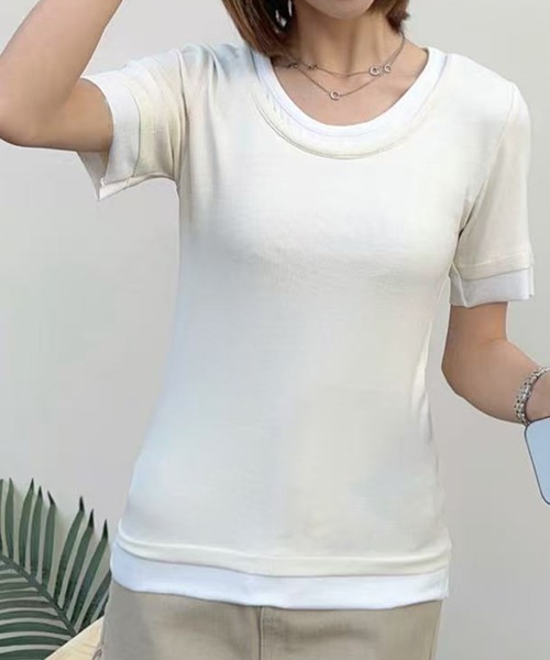 LOWO(ロワ)の「レイヤードデザインUネックTシャツ カットソー(Tシャツ/カットソー・レディース・チャコールグレー/ベージュ/オフホワイト・FREE)」の4枚目の写真