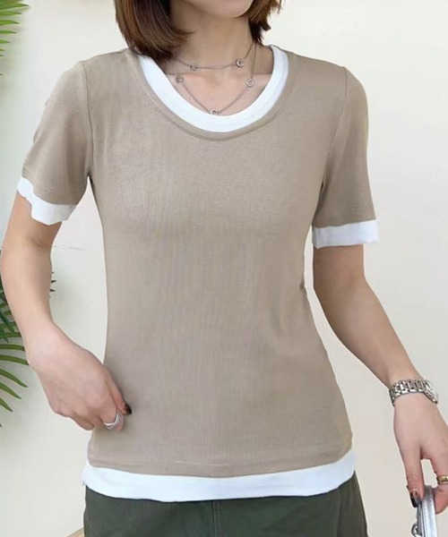 LOWO(ロワ)の「レイヤードデザインUネックTシャツ カットソー(Tシャツ/カットソー・レディース・チャコールグレー/ベージュ/オフホワイト・FREE)」の5枚目の写真