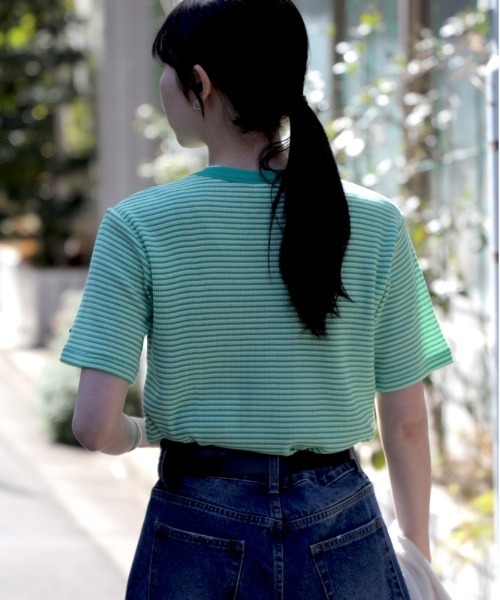 Right-on（ライトオン）の「Healthknit(ヘルスニット)【レディース】ボーダーワッフルＴシャツ（Tシャツ/カットソー・レディース・ブラウン/グリーン/ブルー・M/L）」の5枚目の写真