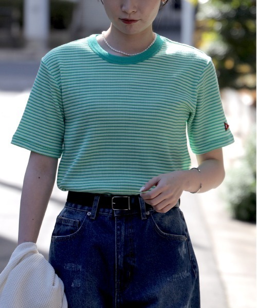 Right-on（ライトオン）の「Healthknit(ヘルスニット)【レディース】ボーダーワッフルＴシャツ（Tシャツ/カットソー・レディース・ブラウン/グリーン/ブルー・M/L）」の4枚目の写真
