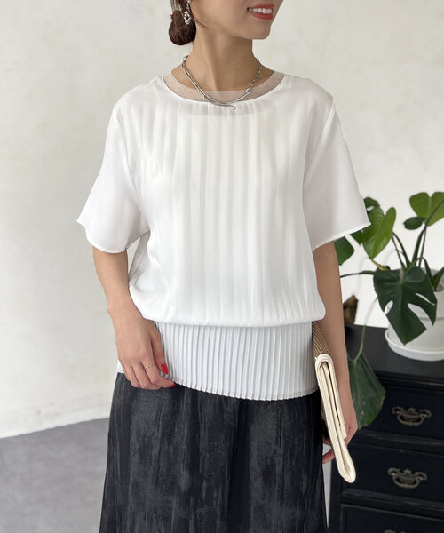 Chez toi（シェトワ）の「スリムプリーツ切替ブラウス（シャツ/ブラウス・レディース・ネイビー/オレンジ/オフホワイト・FREE）」の4枚目の写真