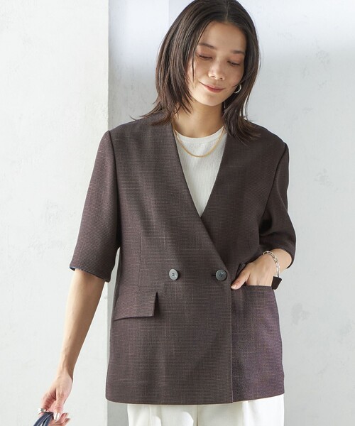 手洗い可能〉カラミ ノーラペル 半袖 ジャケット（ノーカラー