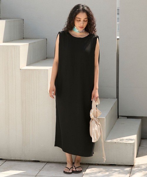 2色 エレガント ノースリーブ バックカット ロング ワンピース Back design relaxed sleeveless long one-piece / バック