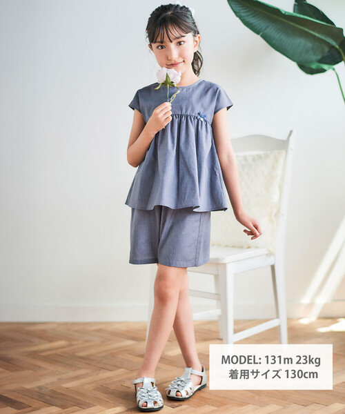 Tartine et Chocolat(タルティーヌエショコラ)の「リボン半袖切替ブラウス+ハーフパンツ セットアップ(90~140cm)(セットアップ・キッズ・ネイビー・130cm/120cm/90cm/100cm/110cm/140cm)」の2枚目の写真