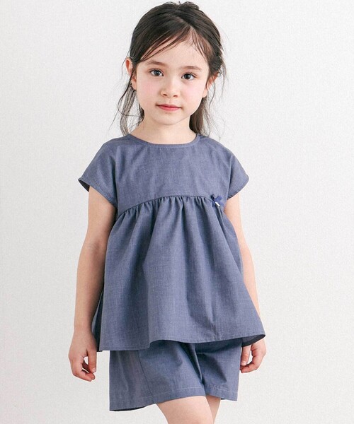 Tartine et Chocolat(タルティーヌエショコラ)の「リボン半袖切替ブラウス+ハーフパンツ セットアップ(90~140cm)(セットアップ・キッズ・ネイビー・130cm/120cm/90cm/100cm/110cm/140cm)」の1枚目の写真