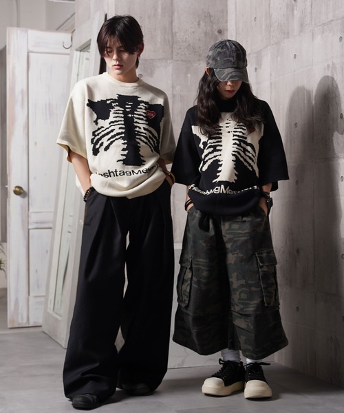 #MEMORY(メモリー)の「【MEMORY】ミラノリブ ボーンハート オーバーサイズ 半袖 ニット / Milan Rib Bone Heart Oversized Short Sleeve Knit(ニット/セーター・メンズ・アイボリー/ブラック・FREE)」の4枚目の写真