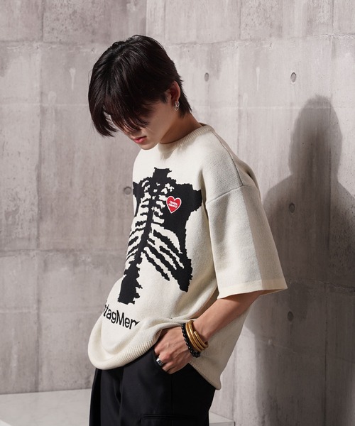 #MEMORY(メモリー)の「【MEMORY】ミラノリブ ボーンハート オーバーサイズ 半袖 ニット / Milan Rib Bone Heart Oversized Short Sleeve Knit(ニット/セーター・メンズ・アイボリー/ブラック・FREE)」の12枚目の写真