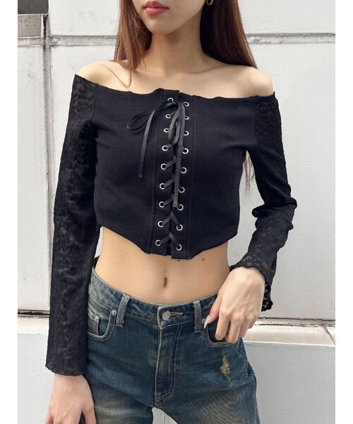 EVRIS（エヴリス）の「レースコンビオフショルトップス（Tシャツ/カットソー・レディース・ホワイト/ブラウン/ブラック・FREE）」の3枚目の写真