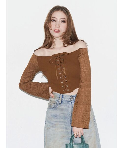 EVRIS（エヴリス）の「レースコンビオフショルトップス（Tシャツ/カットソー・レディース・ホワイト/ブラウン/ブラック・FREE）」の5枚目の写真