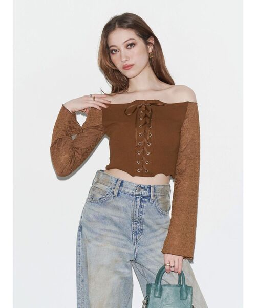 EVRIS（エヴリス）の「レースコンビオフショルトップス（Tシャツ/カットソー・レディース・ホワイト/ブラウン/ブラック・FREE）」の6枚目の写真