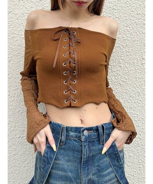 EVRIS（エヴリス）の「レースコンビオフショルトップス（Tシャツ/カットソー・レディース・ホワイト/ブラウン/ブラック・FREE）」の12枚目の写真