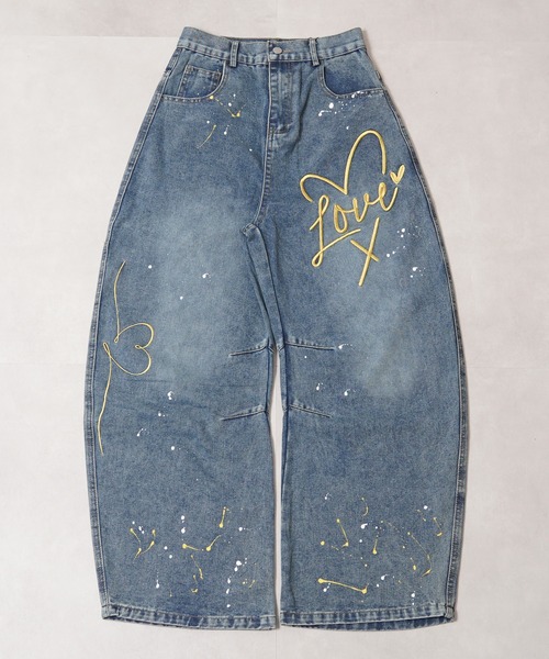 1111clothing(ワンフォークロージング)の「ハート刺繍 バレルレッグ ジーンズ / Heart Embroidery Barrel Leg Jeans(デニムパンツ・メンズ・ブルー/インディゴブルー・S/M/L/XL)」の3枚目の写真