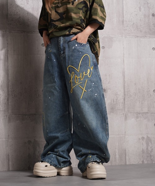 1111clothing(ワンフォークロージング)の「ハート刺繍 バレルレッグ ジーンズ / Heart Embroidery Barrel Leg Jeans(デニムパンツ・メンズ・ブルー/インディゴブルー・S/M/L/XL)」の5枚目の写真