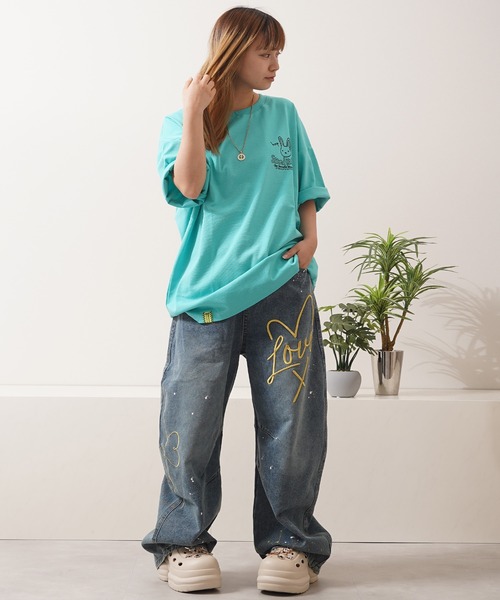 1111clothing(ワンフォークロージング)の「ハート刺繍 バレルレッグ ジーンズ / Heart Embroidery Barrel Leg Jeans(デニムパンツ・メンズ・ブルー/インディゴブルー・S/M/L/XL)」の10枚目の写真