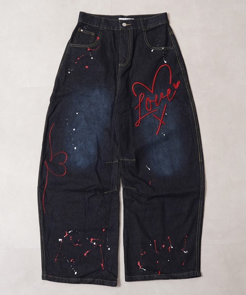 1111clothing(ワンフォークロージング)の「ハート刺繍 バレルレッグ ジーンズ / Heart Embroidery Barrel Leg Jeans(デニムパンツ・メンズ・ブルー/インディゴブルー・S/M/L/XL)」の21枚目の写真