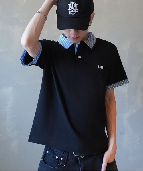 SPINNS（スピンズ）の「短丈ポロシャツ/チェック/ワンポイントロゴ/ショート丈（ポロシャツ・メンズ・ブラック系その他/ブラック×レッド/ホワイト系その他/ネイビー系/グレー×サックスブルー・ONESIZE）」の3枚目の写真