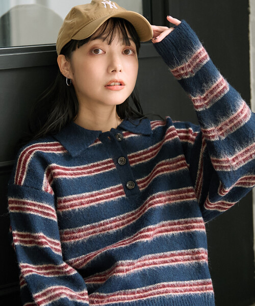 セール】シャギー マルチボーダー ポロニット/ ポロ襟（ニット