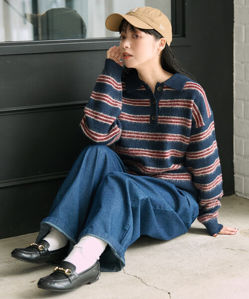 セール】シャギー マルチボーダー ポロニット/ ポロ襟（ニット